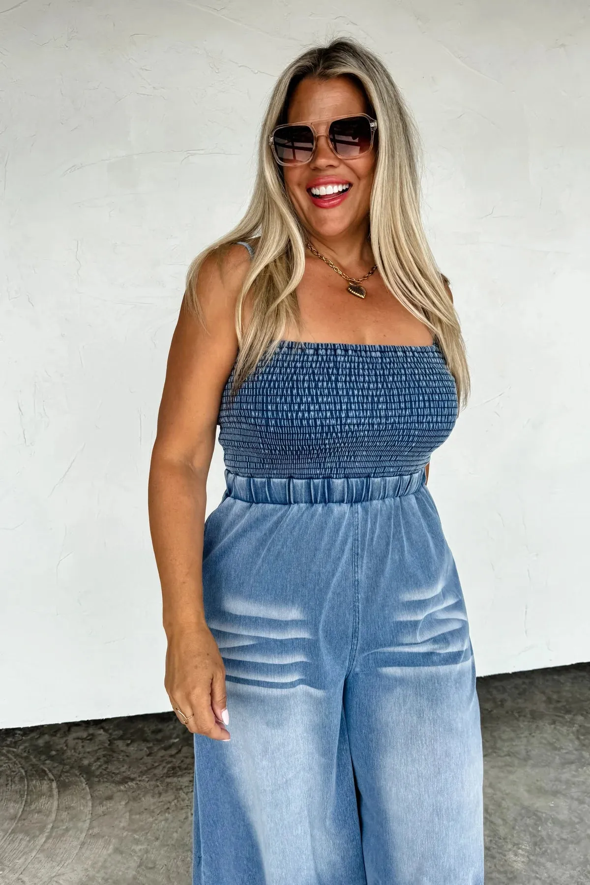 CLOSED PREORDER: Denim Crush Smocked Jumpsuit
