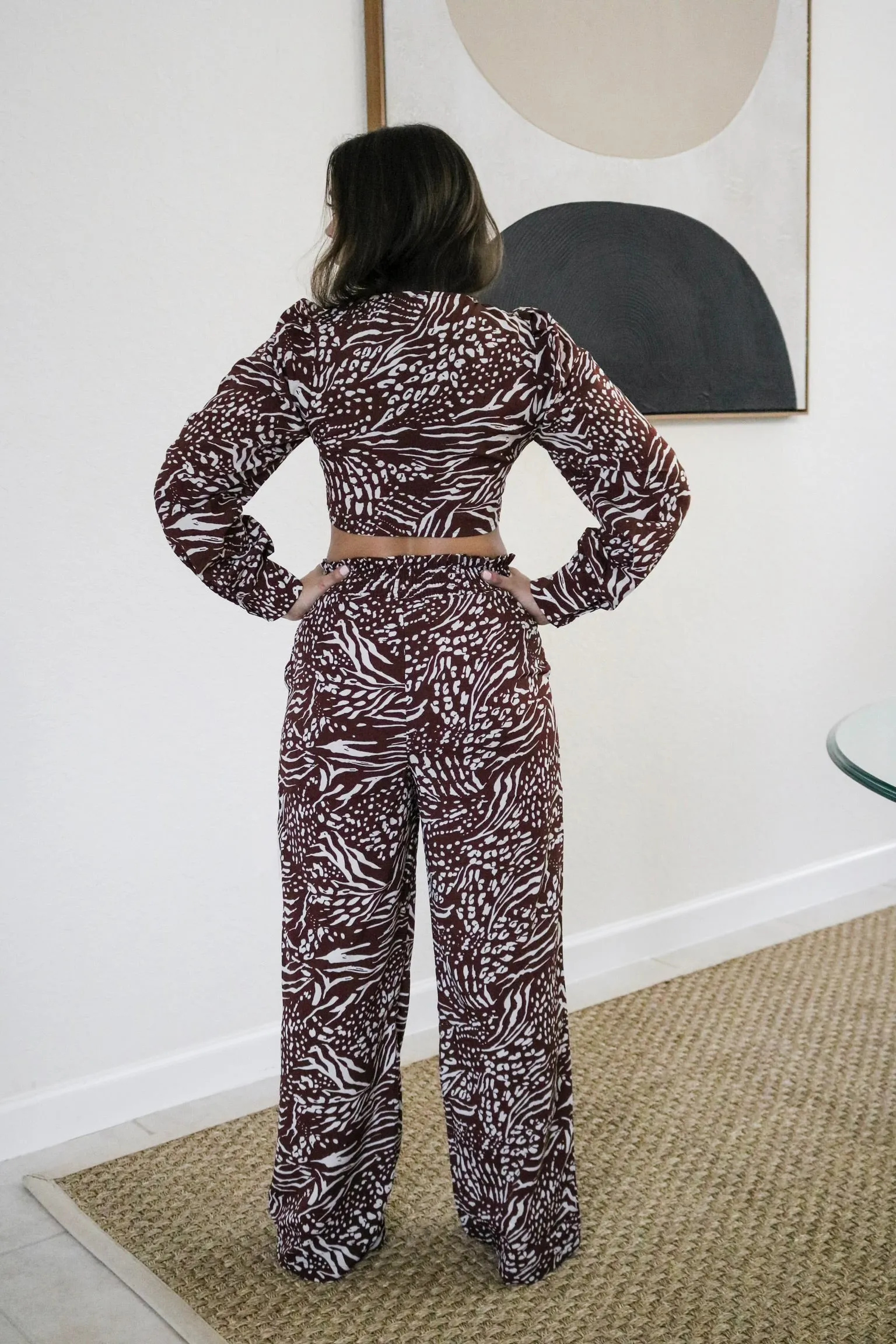 'Crescent' Printed Pant Set in Brown Plum