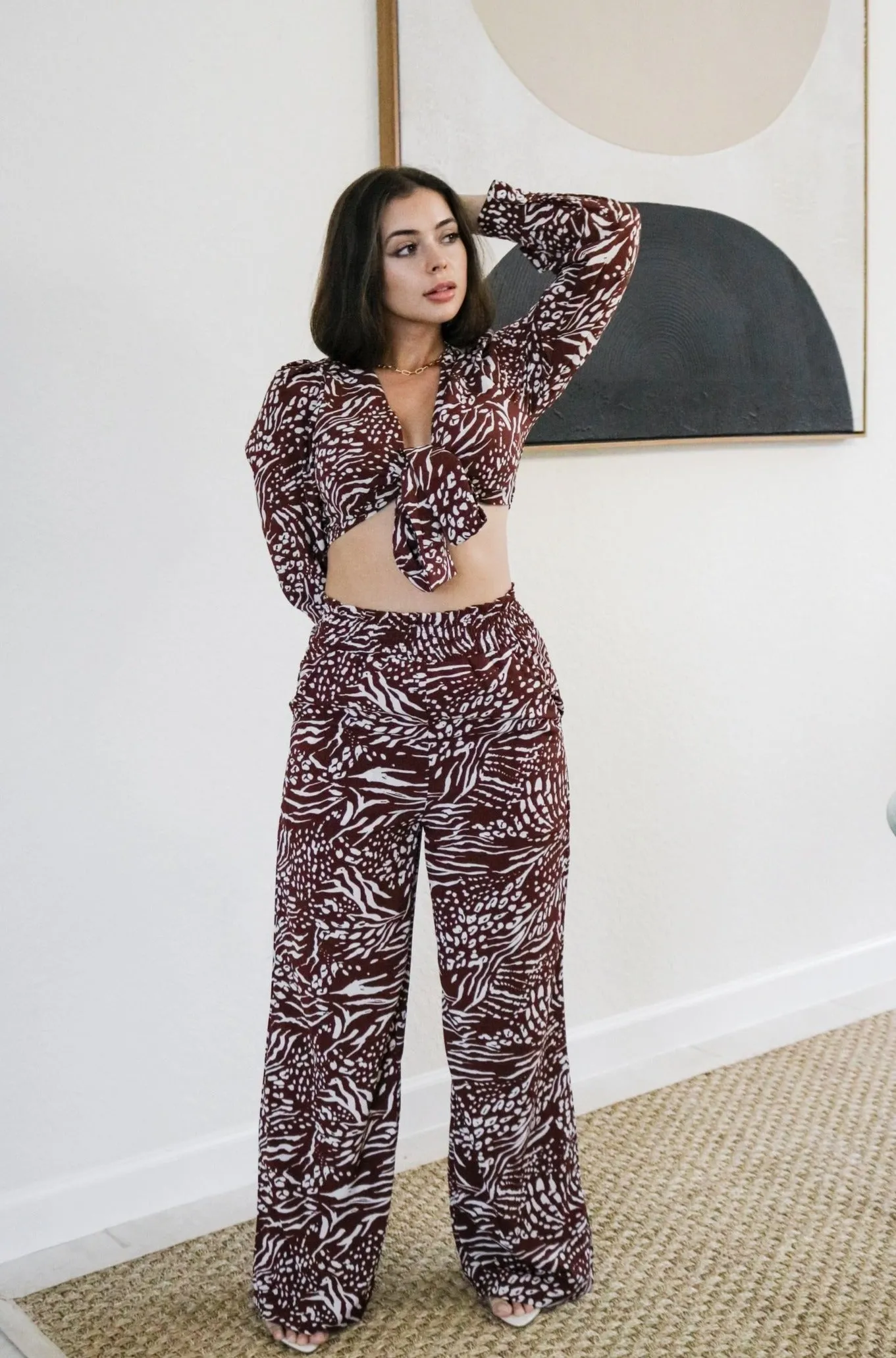 'Crescent' Printed Pant Set in Brown Plum