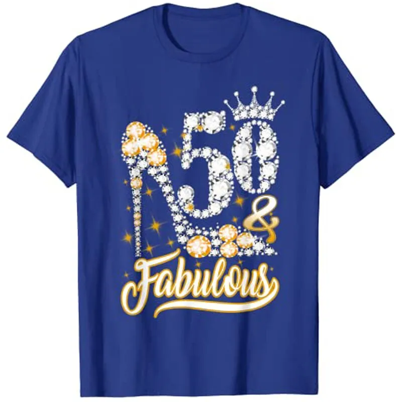 Fabulous 50th Birthday Diamond Crown Shoes T-Shirt Graphic Tee Tops Woman T Shirts