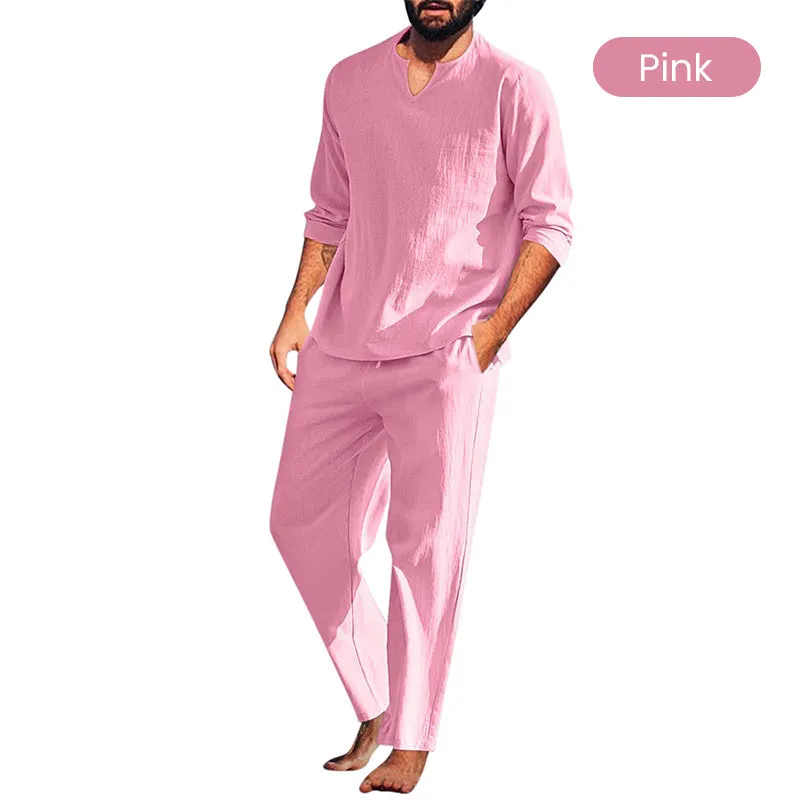 Men's Solid V-Neck Top ＆ Pants 2-Piece Set