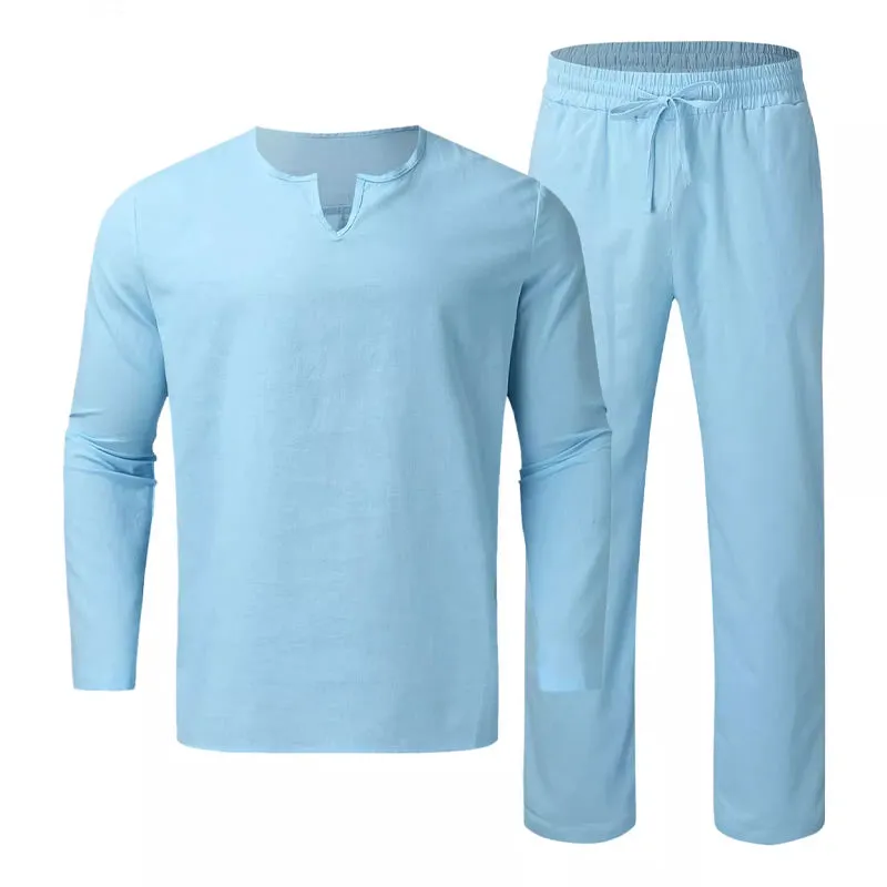 Men's Solid V-Neck Top ＆ Pants 2-Piece Set