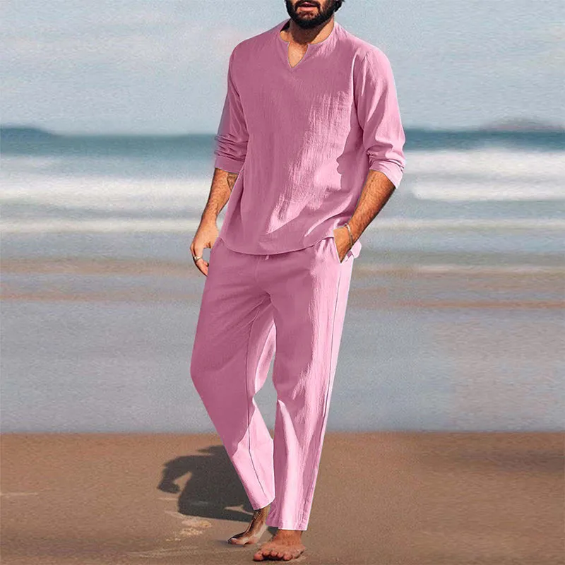 Men's Solid V-Neck Top ＆ Pants 2-Piece Set