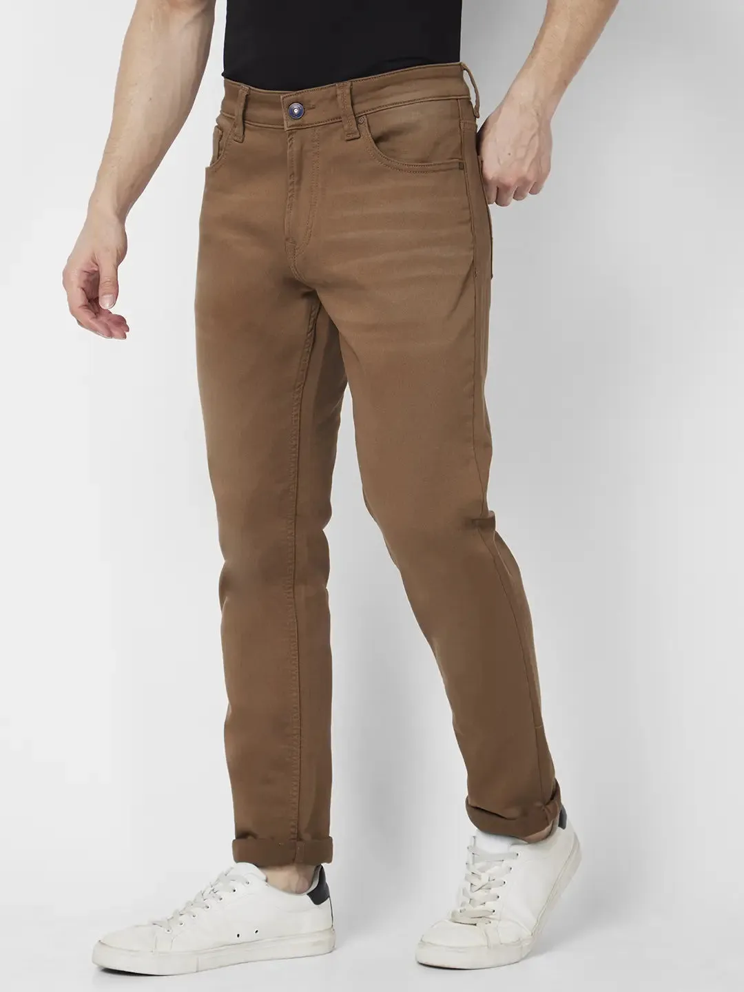 Spykar Men Coffee Brown Cotton Stretch Slim Fit Narrow Length Clean Look Low Rise Jeans (Skinny)